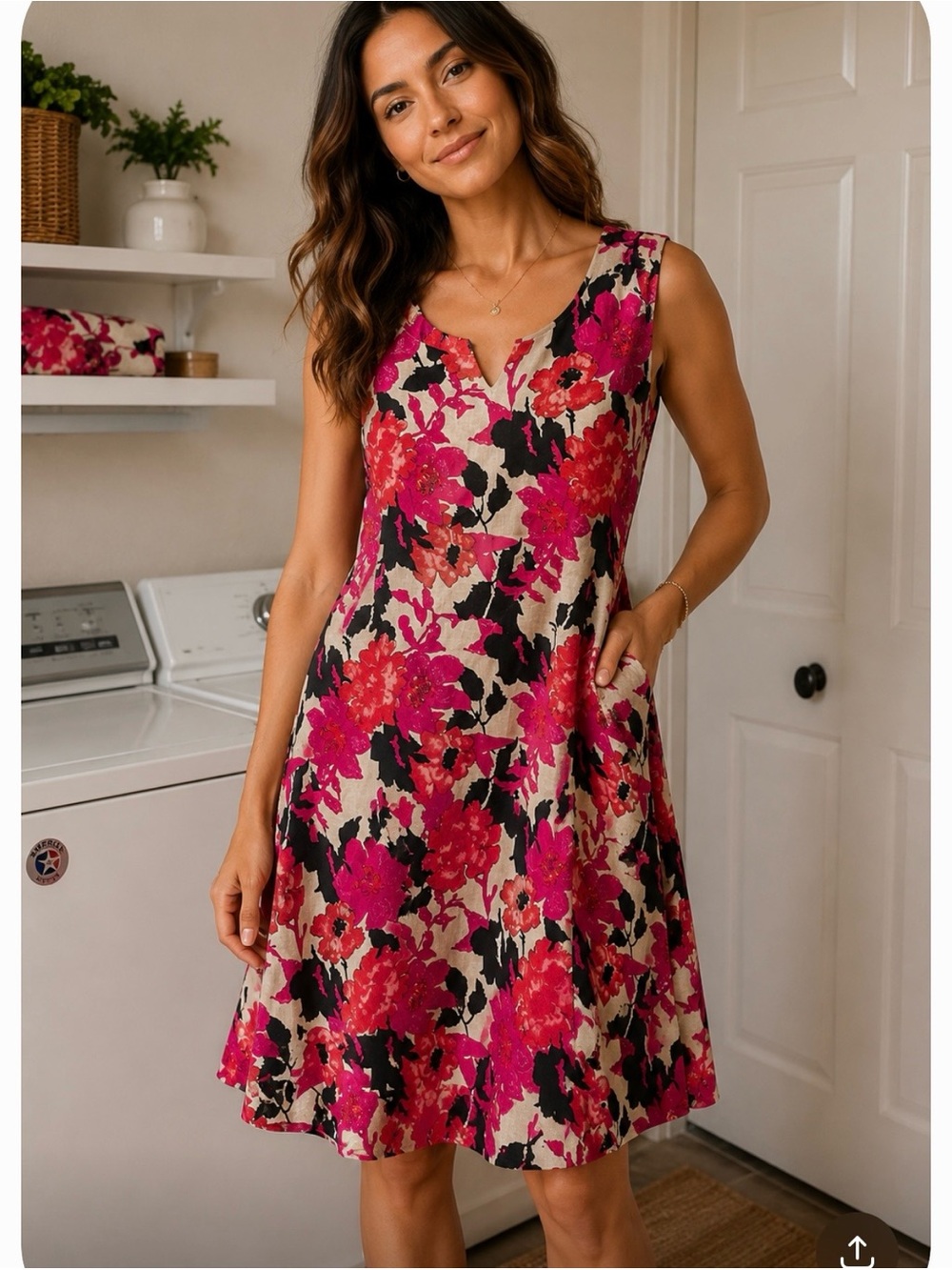 Kim Rogers pink Black Cream Floral Linen Dress